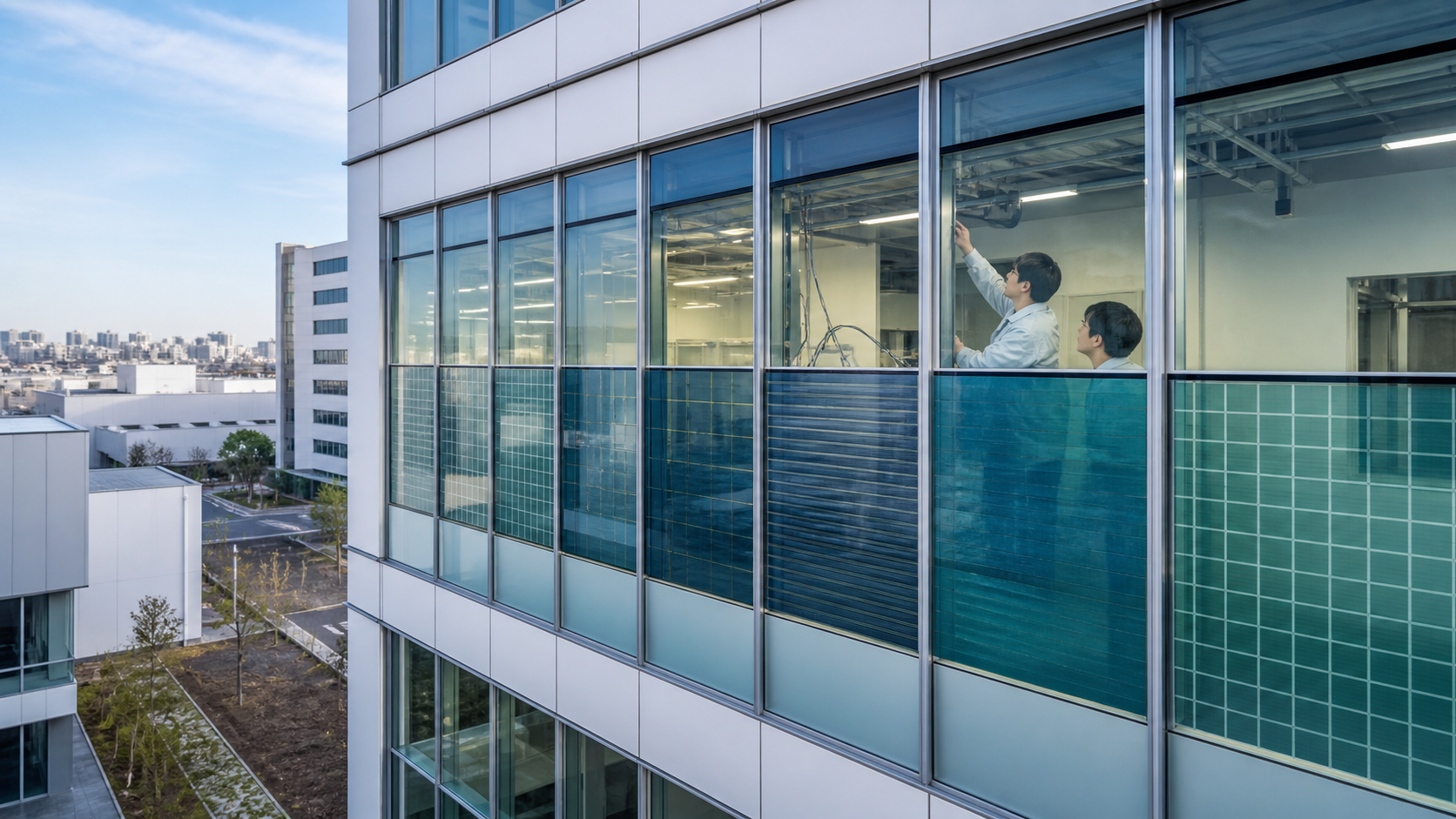 建物の窓に設置されたガラス型ペロブスカイト太陽電池の実証イメージ